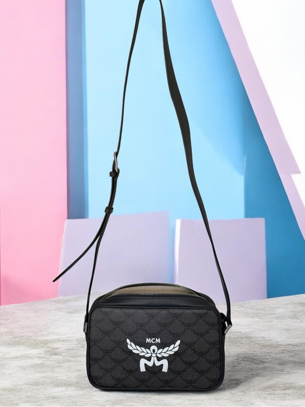 MCM Black Logo Pattern Leather Crossbody Bag